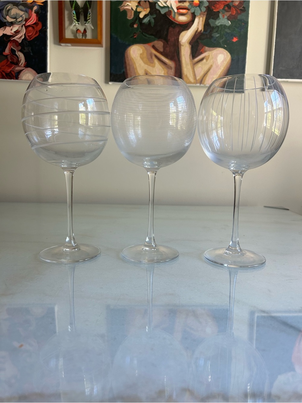 Mikasa Cheers Crystal Balloon Wine Glasses Set of 3 Mixed Etched Designs